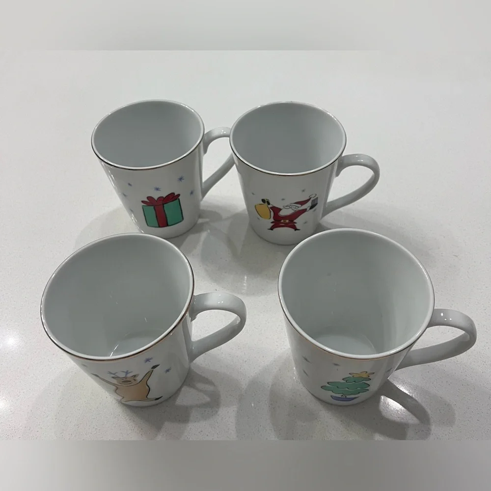 Merry Brite Whimsical Christmas Mugs Cups White‎ Porcelain Set Of 4